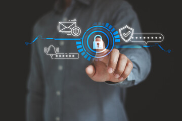 Aufkleber - Businessman pressing the virtual button MFA, multi-factor authentication, protect data account on internet data security concept, cyber security in two-step verification. mfa, 2fa.