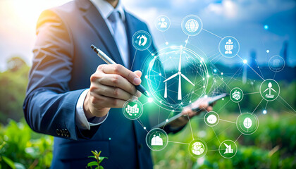 Poster - A businessman plans sustainable energy solutions, visualized via digital interface showing wind turbines and related green technologies