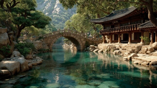 Serene Asianstyle Bridge and Pavilion by Calm Water Lush Greenery Mountain Scenery