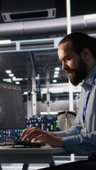 Poster - vertical video server room it specialist frustrated by difficult complex tasks in office. stressed e