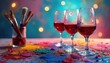 © Vadym - Illustration featuring wine glasses, paintbrushes, colorful powders creating art, wine night. Vibrant colors splash art event. Advertising summer sip paint deals, creative party. Perfect for banners,