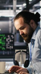 Poster - Vertical video Anxious technicians in data center reacting to system lockdown caused by ransomware alert. IT professionals under pressure evaluating security breaches and scrambling to contain damage