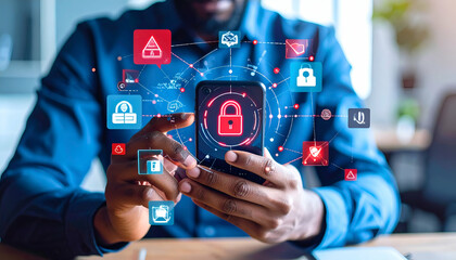 Poster - Person using a phone with security icons overlay