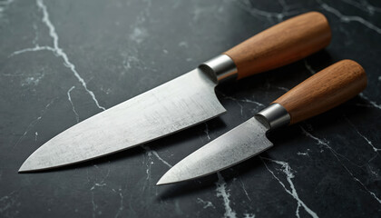 Two kitchen knives with wooden handles placed on dark marble surface. Steel blades sharp. Cutlery chef tools. High quality craftsmanship detail. Rustic design. Modern style. Cooking preparation