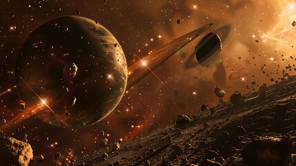 Wall Mural - abstract cosmic scene featuring planets rings and celestial bodies in orange hues