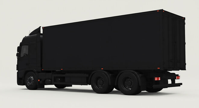 A side view of a large black semi truck with a trailer on a white background in a studio setting