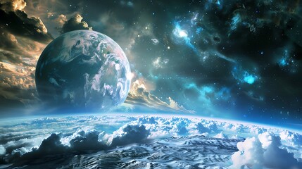Wall Mural - celestial body surrounded by nebulae in deep blue space with glowing light