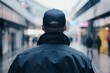 © Pixel Array - Back view of a security guard wearing a black jacket and cap in a busy indoor public space area