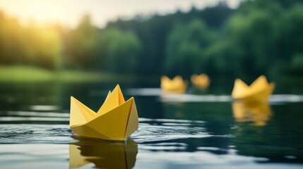 Poster - Three yellow paper boats float on calm lake water, serene forest background.