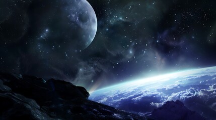 Wall Mural - cosmic landscape displaying planet moon and starry atmosphere with night sky