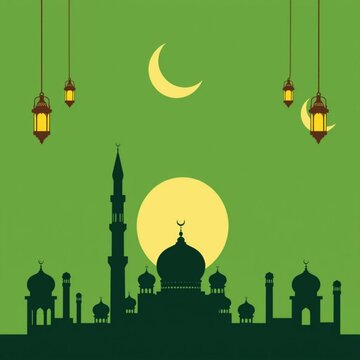 Illustration mosque in the night, Flat style Mosque fir Eid Mubarak greetings card banner. Ramadan Kareem. Islamic Masque idul adha background banner.