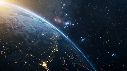 Wall Mural - earth at night view with bright city lights and starry sky background