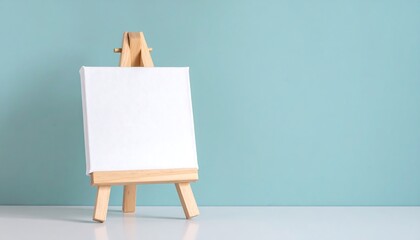 Poster - Easel with blank canvas on blue wall.