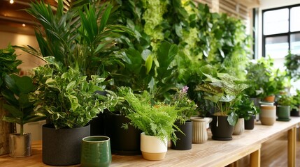Poster - indoor garden display featuring various houseplants in a cozy, green-themed space with natural light