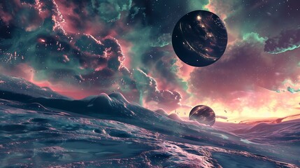 Wall Mural - pixelated cosmic landscape featuring planets nebula stars and waves in teal pink and purple
