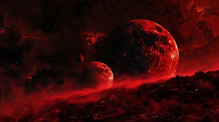 Wall Mural - red planets in a fiery nebula against dark starry sky in space