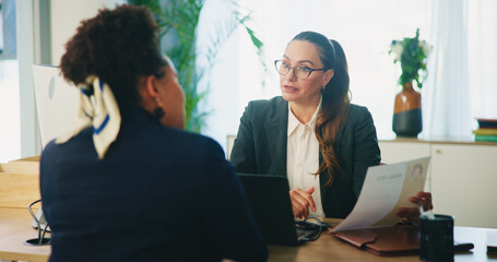 Aufkleber - HR, candidate and resume with discussion in interview for internal vacancy, company promotion and questions. Meeting, manager and woman with CV document for performance review or contract negotiation