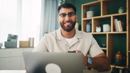 Aufkleber - Home, man and laptop with smartphone in portrait, chat and online story for freelancer. House, remote work and content writer with technology for research, social media and article website in office
