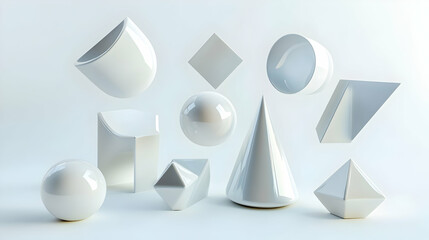 Poster - Conceptual arrangement of pristine white geometric shapes in a studio setting