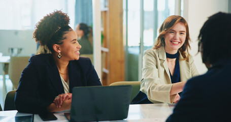 Fototapete - Employer, meeting or smile in job interview with business people for opportunity and hiring. Happy, employment and manager talking to applicant in hr for company internship or recruitment process