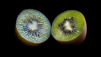 Poster - Two halves of a fresh kiwi fruit, vibrant green flesh and black seeds, against a black background.