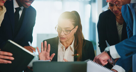 Poster - Multitasking, paperwork and businesswoman in office with stress, burnout or overwhelmed for deadline. Documents, chaos and investment banker with time management for financial report with fatigue.