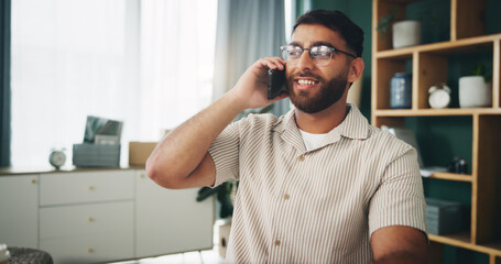 Aufkleber - Home, man and happy with thinking for phone call, communication and planning with contact. House, male person and smile with positive thoughts for mobile, conversation and relax with connection
