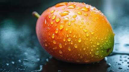 Poster - Close-up of a ripe mango with water droplets.