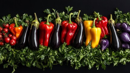 Poster - Vibrant colorful eggplants, bell peppers, and cherry tomatoes arranged on a bed of parsley against a black background.