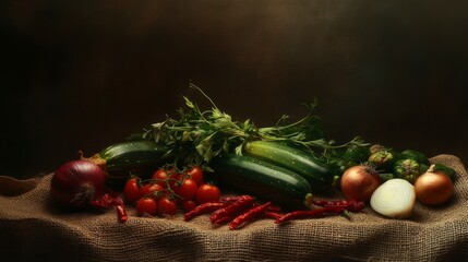 Poster - Still life of fresh vegetables zucchini, tomatoes, onions, chili peppers, and parsley on burlap.