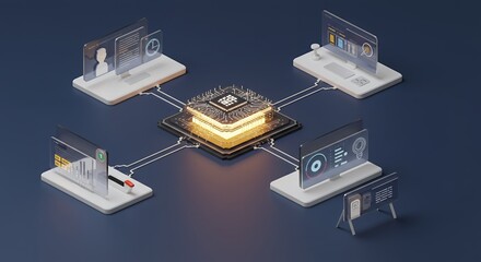 Aufkleber - Centralized Network System with Glowing Core Connecting Multiple Isometric Computers in a Dark Blue Background