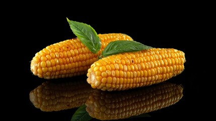 Poster - Two grilled corn cobs with basil leaves on a black reflective surface.