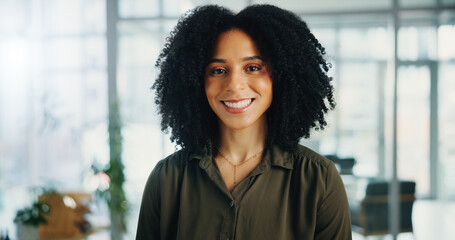 Poster - Happy, professional and portrait of businesswoman in office with confidence for creative career development. Smile, about us and female magazine editor from Mexico with pride at publishing agency.
