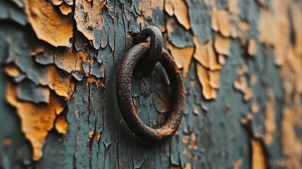 Poster - Close-up of flaking rust surface, pitted with wear, iron ring embedded and weathered