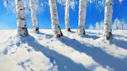 Poster - Birch trees with peeling white bark among untouched snow, subtle blue hues in winter light