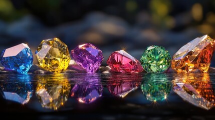 Poster - Artistic layout of colorful gemstones with dazzling reflections and soft background