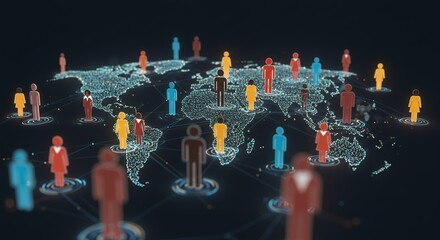 Aufkleber - Stylized World Map Displaying Digital Network of Human Figures in Various Colors Connected by Lines Representing Global Communication