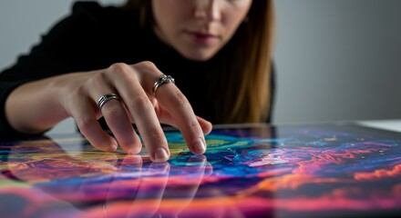 Aufkleber - Woman Touching Interactive Digital Screen Displaying Abstract Colorful Art with Electronic High Tech Device on Table in Studio