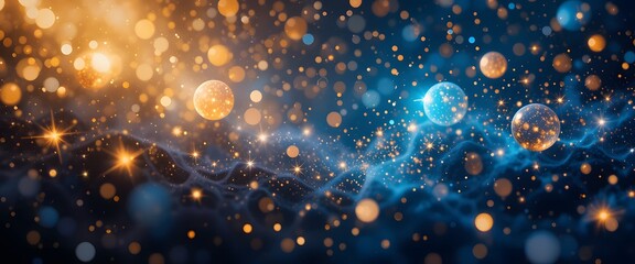 Fototapete - Abstract Golden Blues. Shimmering Orbs Of Light Dance Across A Deep Blue Backdrop. A Celestial Wonder Inspiring Creativity And A Sense Of Magic. Perfect For Celebration Projects.