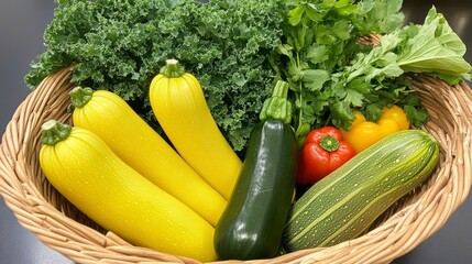 Poster - Freshly harvested yellow squash, zucchini, bell peppers, kale, and parsley in a wicker basket.