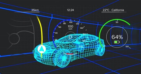 Poster - Cyan wireframe 3D car model floating in virtual grid tunnel, showing HUD gauges and route