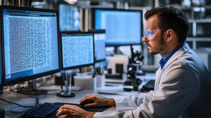Fototapete - Scientist Analyzing Data on Multiple Computer Screens in Laboratory