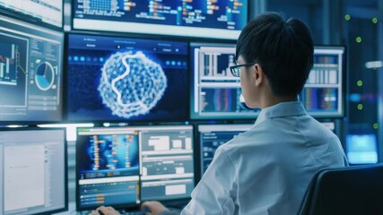 Poster - scientist analyzing data on multiple monitors in modern laboratory