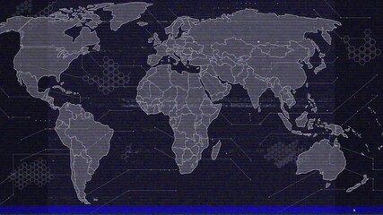 Poster - Stylized world map pulsing on glitchy display, revealing continents with hexagons and glitch bars