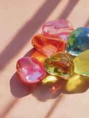 Poster - Colorful Transparent Gems on Soft Surface with Beautiful Shadows Displaying Bright Reflections and Elegant Shapes in Warm Light