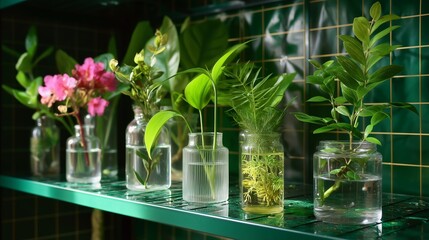 Poster - fresh garden cuttings arranged on a green shelf highlighting vibrant plants and clear glass containe