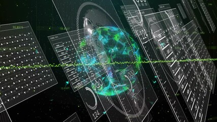 Poster - Holographic globe rotating among data panels and shifting gauge charts over starfield in 3D render
