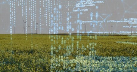 Poster - Yellow flowering field stretching to horizon, code text floating overhead, turbines rotating slowly
