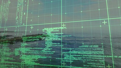 Aufkleber - Digital interface overlaying calm coastal seascape, displaying green grid, crosshairs, code blocks