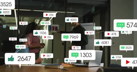 Poster - Team presenting marketing charts in modern office conference room, with floating feedback icons